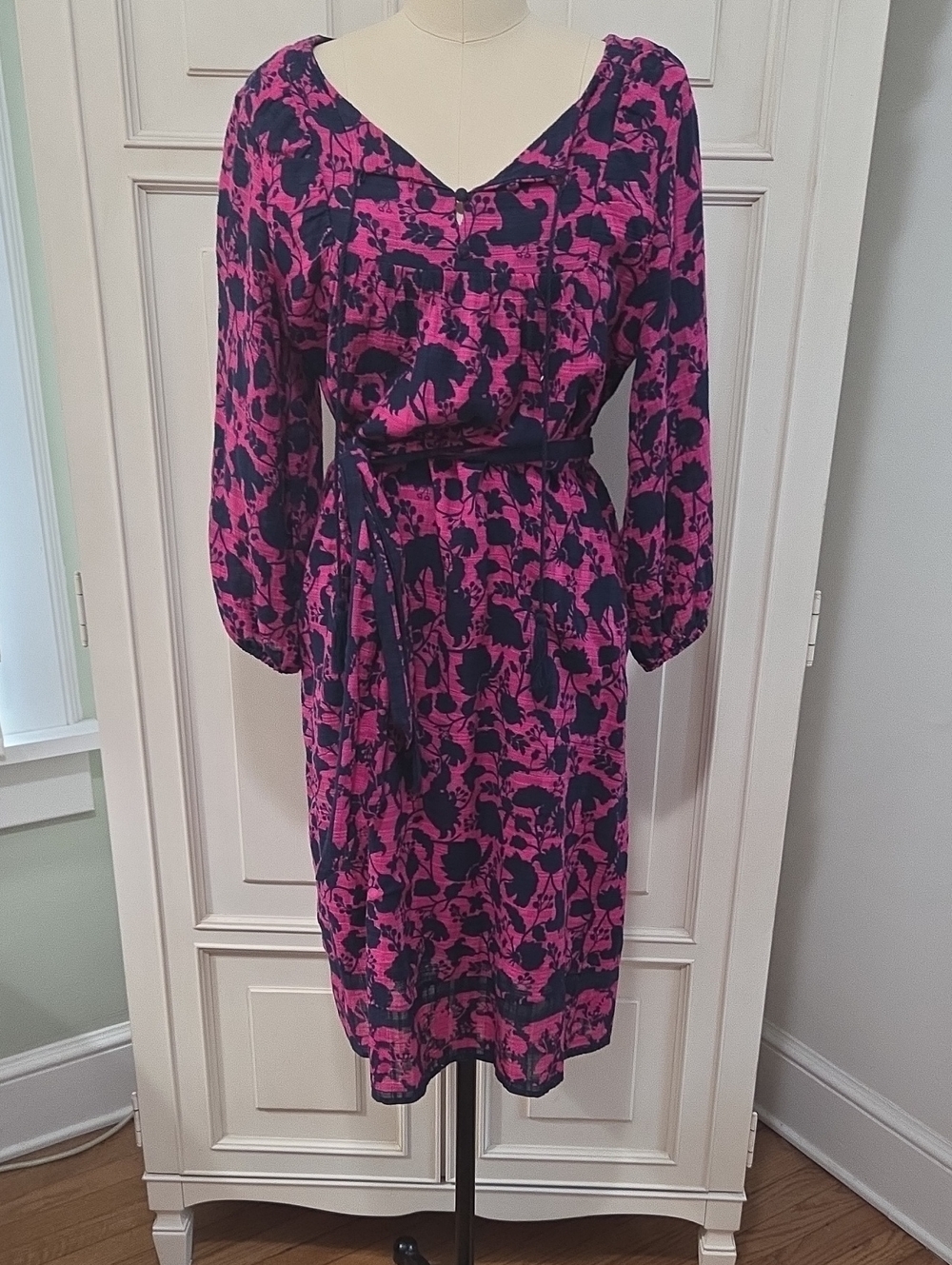 Studio Fuchsia and Navy Floral Long-Sleeve Belted Dress